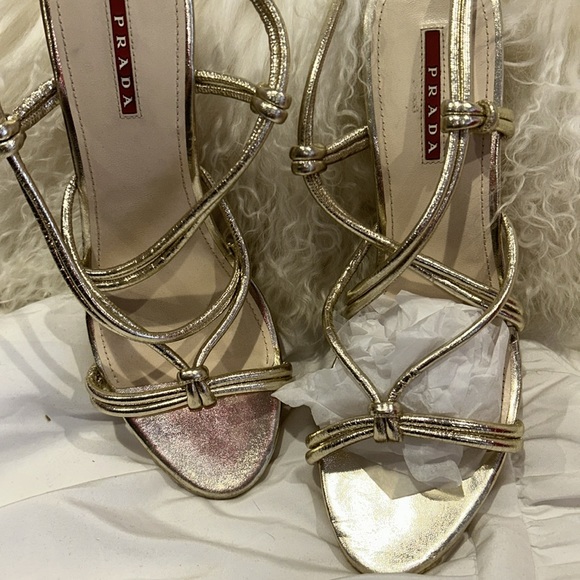 PRADA Gold Leather Strappy Wedged Sandals-39.5 - Picture 6 of 14